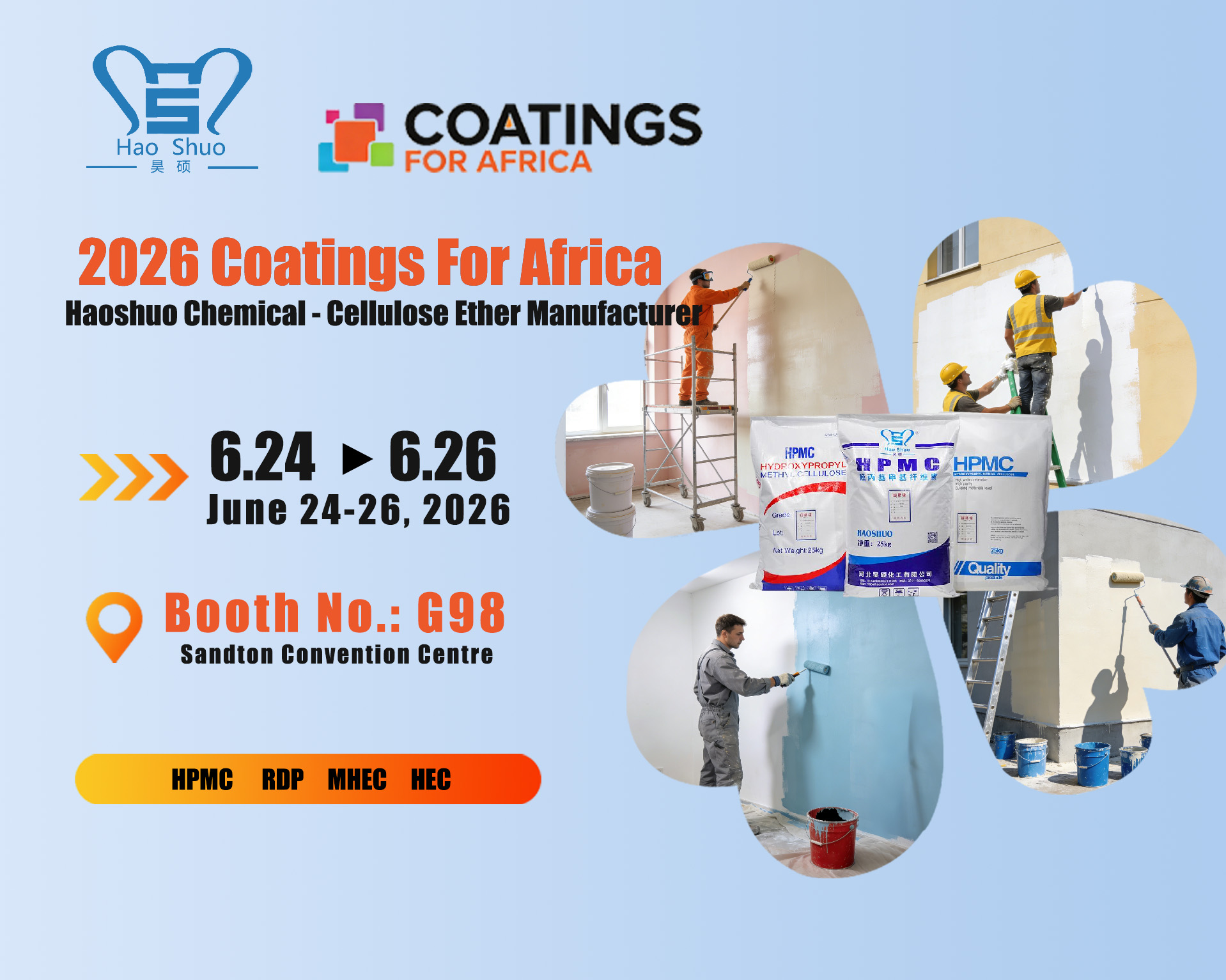 Haoshuo Chemical showcases its full range of cellulose ether products, providing one-stop solutions for the African coatings industry. Haoshuo Chemical showcases its full range of cellulose ether products, providing one-stop solutions for the African coatings industry.